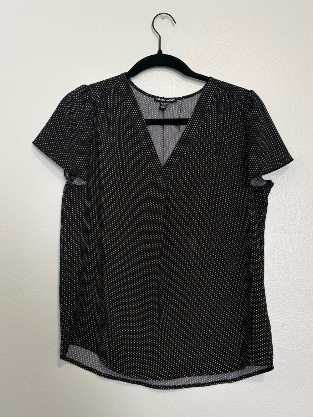 Hilary Radley Black Polka Dot Blouse Women’s XS Sheer V-Neck Short Sleeve Top